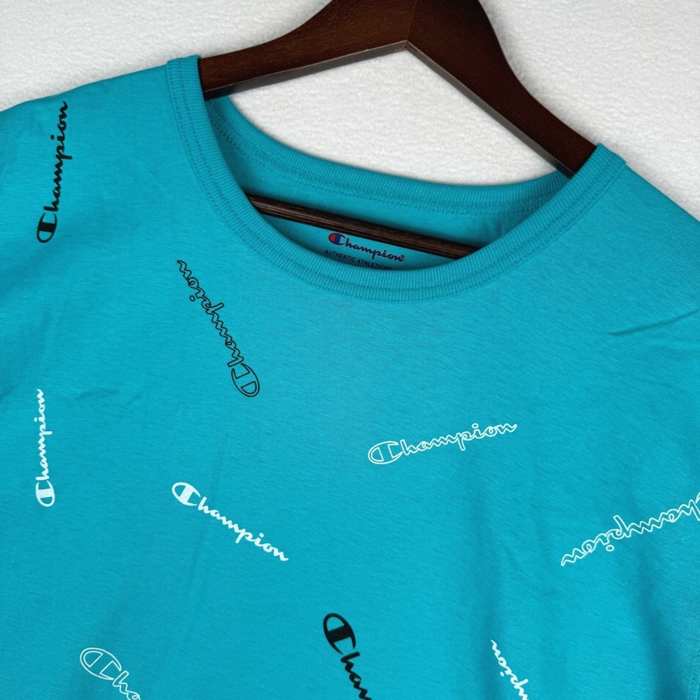 NWT Champion T-Shirt Mens 2XL Teal Tossed Scrip Powerblend AOP Short Sleeve